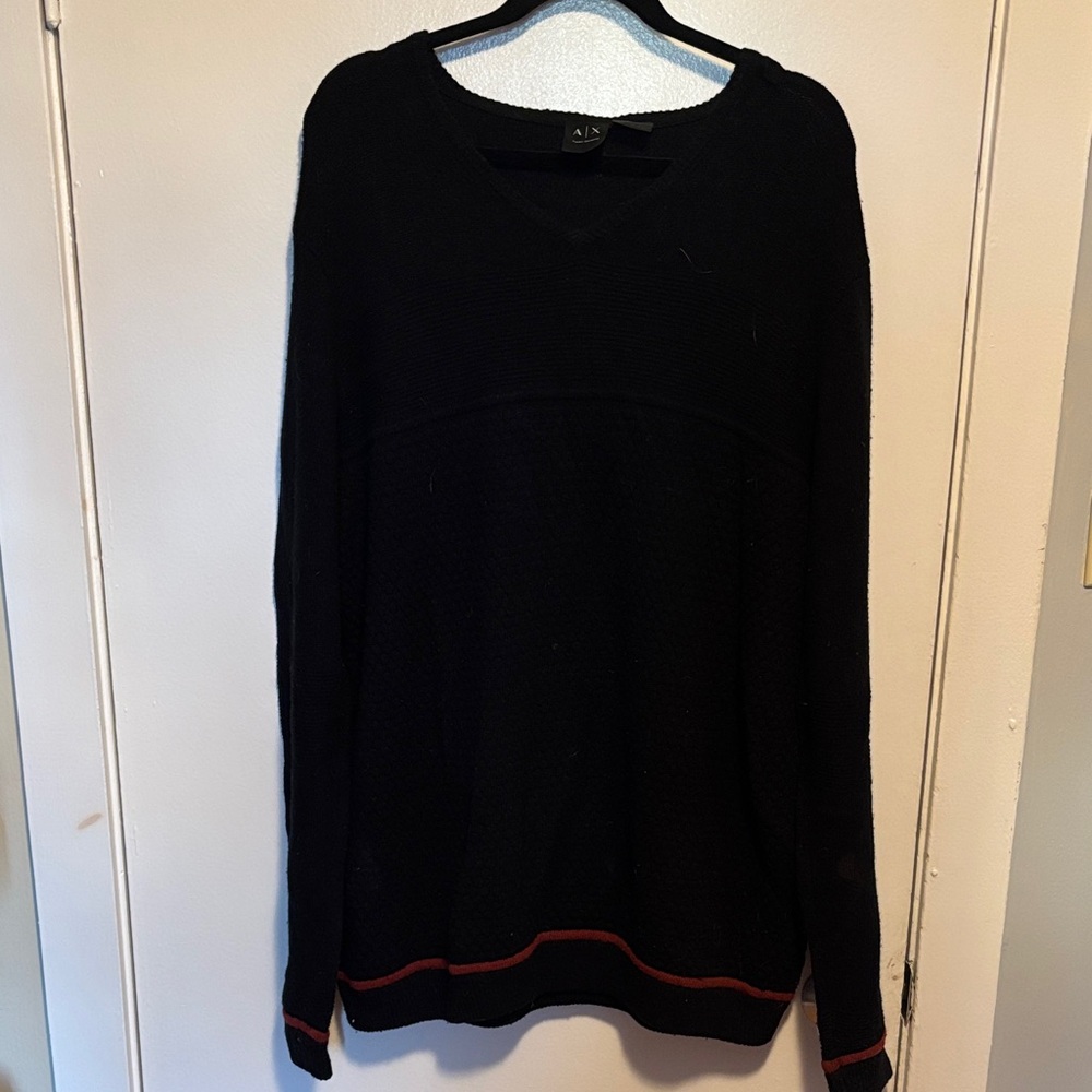 Armani Exchange Black V-Neck Sweater with Red Trim